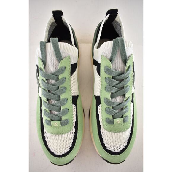 Chanel 22C Mens Green White Black Suede Knit CC Logo Low Trainer Sneaker 44 11 - Picture 8 of 13